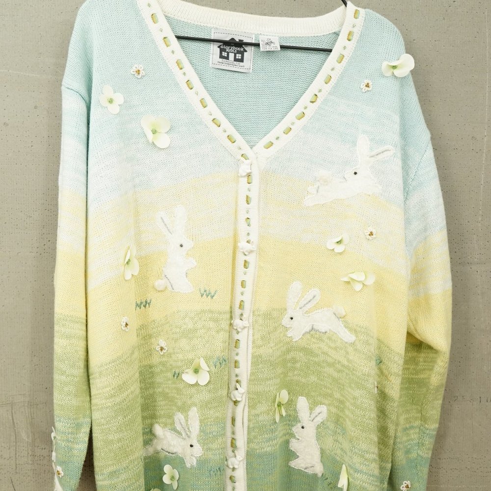 HSN Storybook Knits Easter Bunny WHite Rabbit Spring Cardian Sweater Sixe 2X